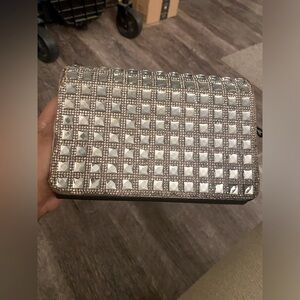 Dark gray evening clutch with beautiful square shaped gems and rhinestones.